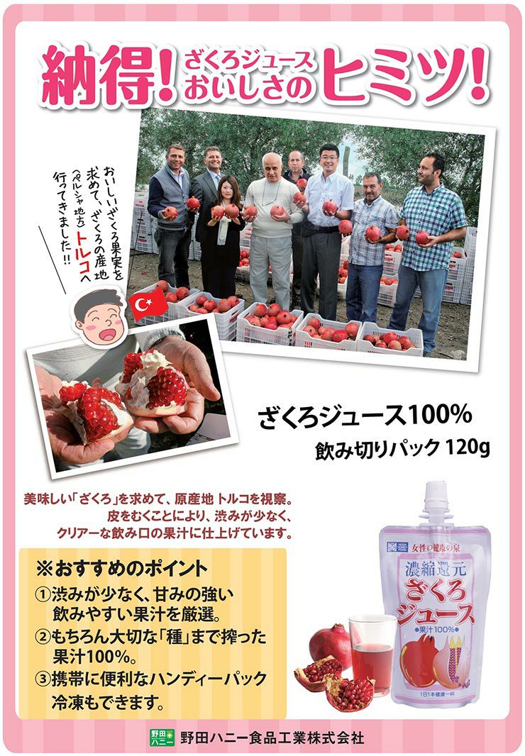 野田ハニー ざくろジュース100％ 飲み切りパック 120g 24本